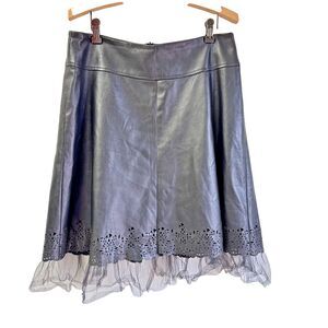 The Cue Women's Black Genium Leather Lace Hem Knee Length A-line Skirt Sz L